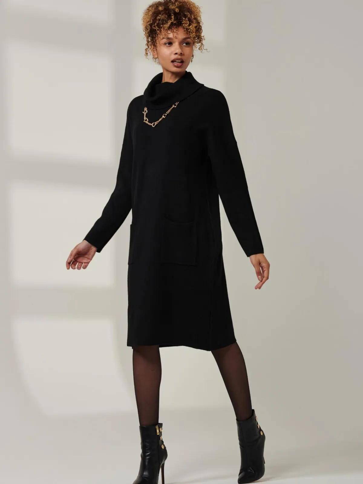Jolie Moi Occasion Dresses|Weekend Casuals-Knitted Turtleneck Longline Jumper, Black
