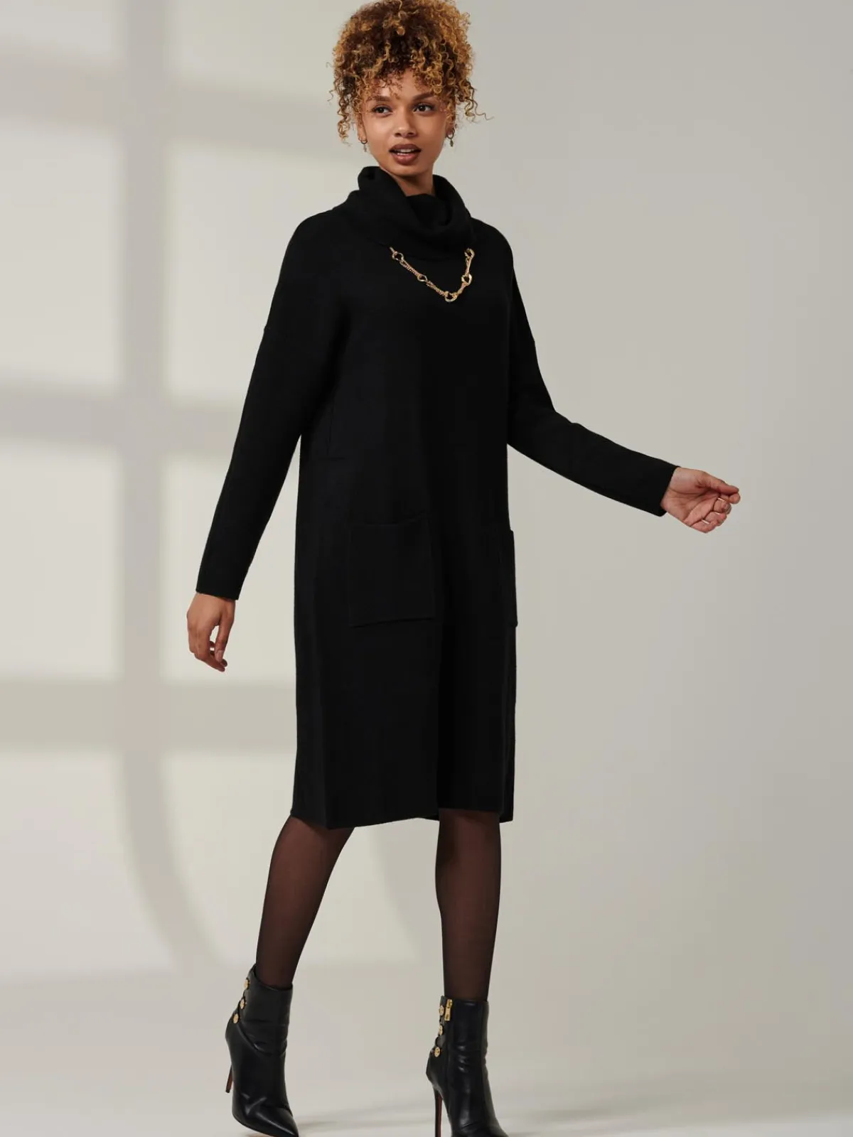 Jolie Moi Occasion Dresses|Weekend Casuals-Knitted Turtleneck Longline Jumper, Black
