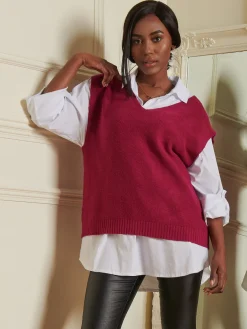 Jolie Moi Knitted Jumpers-Knitted V-Neck Jumper Vest, Fuschia