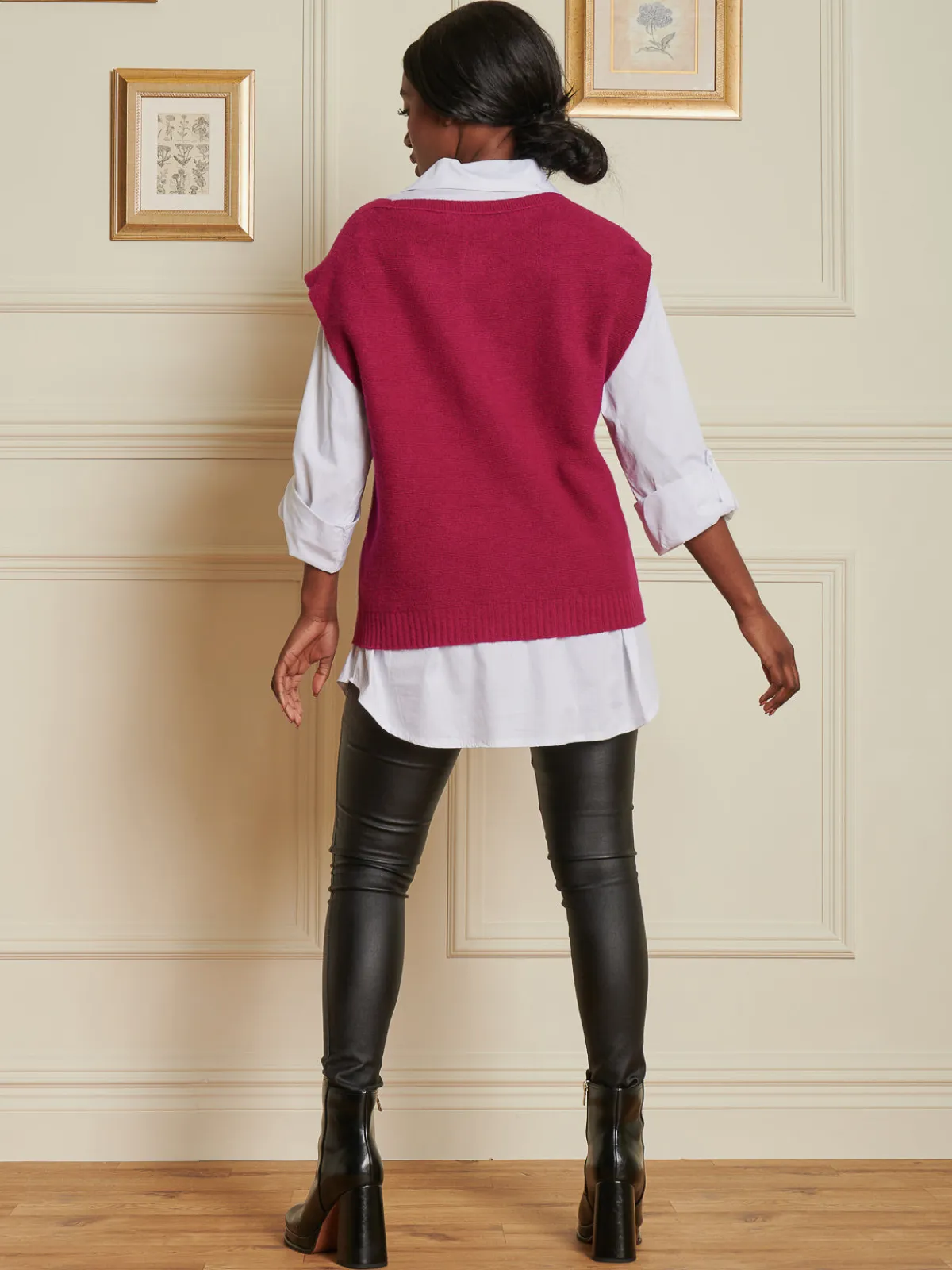 Jolie Moi Knitted Jumpers-Knitted V-Neck Jumper Vest, Fuschia