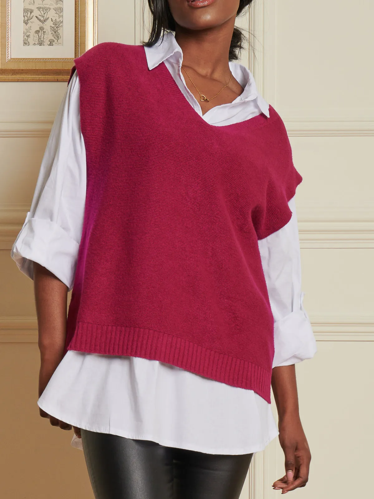 Jolie Moi Knitted Jumpers-Knitted V-Neck Jumper Vest, Fuschia