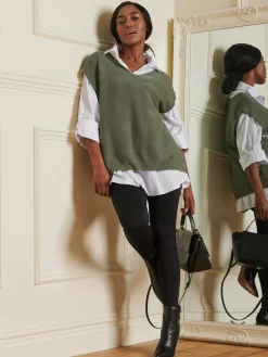 Jolie Moi Knitted Jumpers-Knitted V-Neck Jumper Vest, Soldier Green