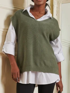 Jolie Moi Knitted Jumpers-Knitted V-Neck Jumper Vest, Soldier Green