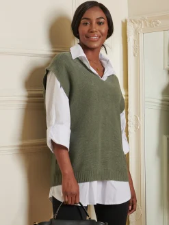 Jolie Moi Knitted Jumpers-Knitted V-Neck Jumper Vest, Soldier Green