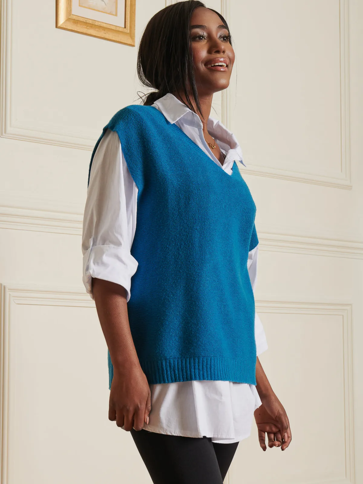 Jolie Moi Knitted Jumpers-Knitted V-Neck Jumper Vest, Teal