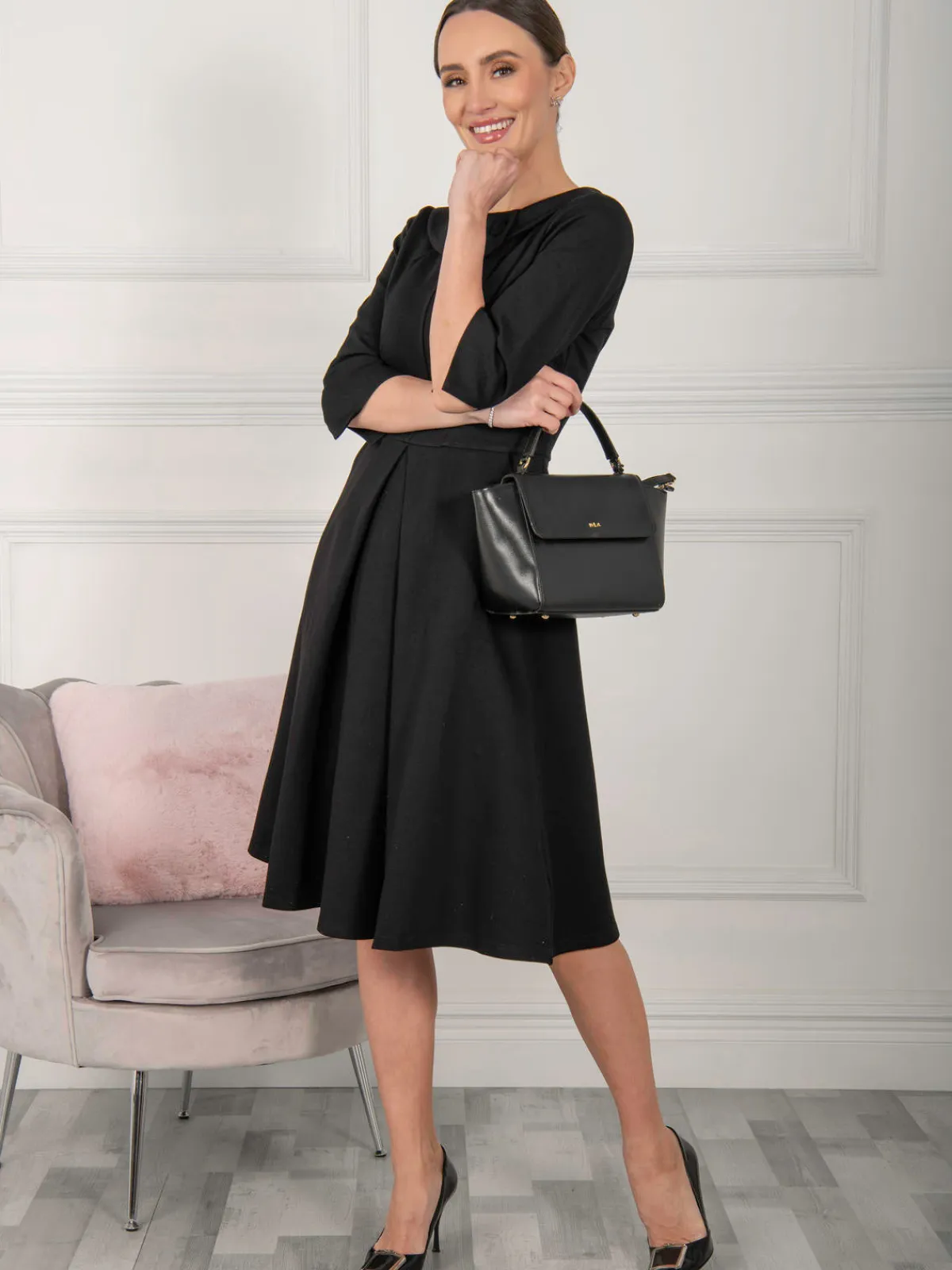 Jolie Moi Office Wear|Midi Dresses-Kyndall 3/4 Sleeve Midi Dress, Black