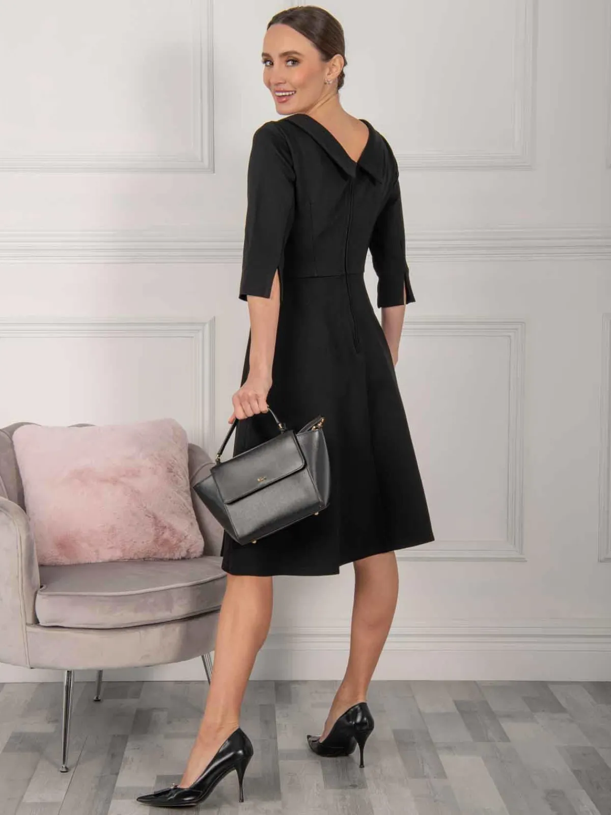 Jolie Moi Office Wear|Midi Dresses-Kyndall 3/4 Sleeve Midi Dress, Black