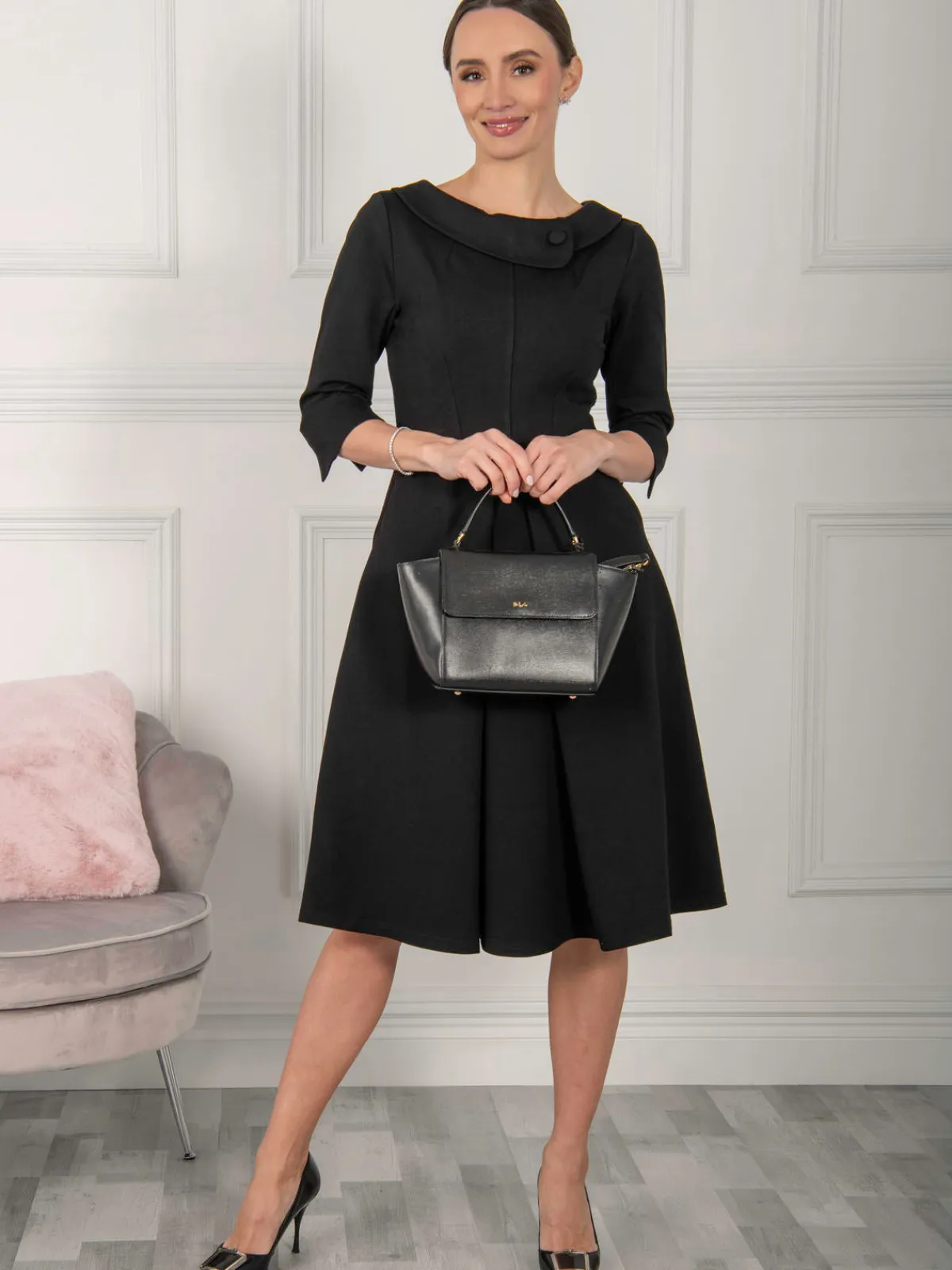 Jolie Moi Office Wear|Midi Dresses-Kyndall 3/4 Sleeve Midi Dress, Black