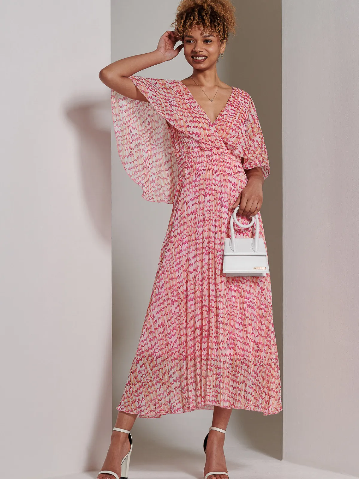 Jolie Moi Occasion Dresses|Weekend Casuals-Kyra Pleated Chiffon Maxi Dress, Pink Abstract