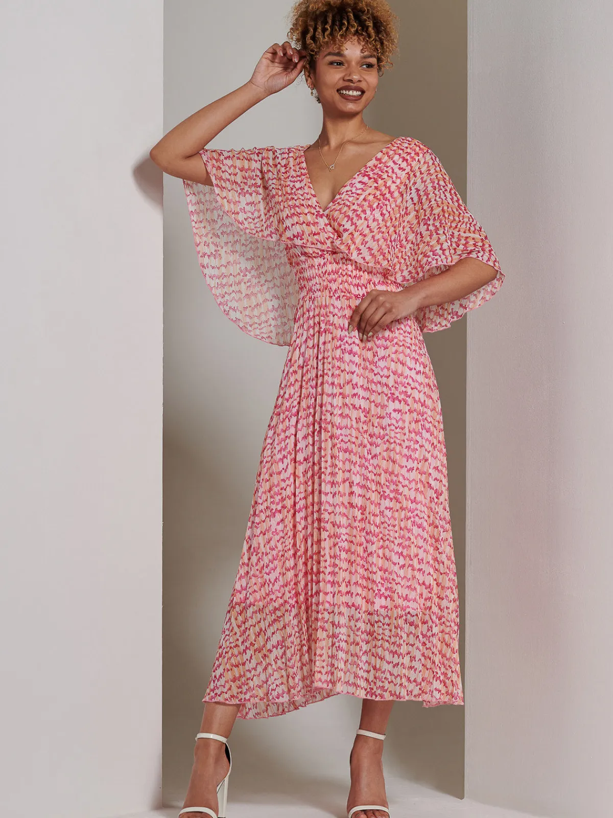 Jolie Moi Occasion Dresses|Weekend Casuals-Kyra Pleated Chiffon Maxi Dress, Pink Abstract