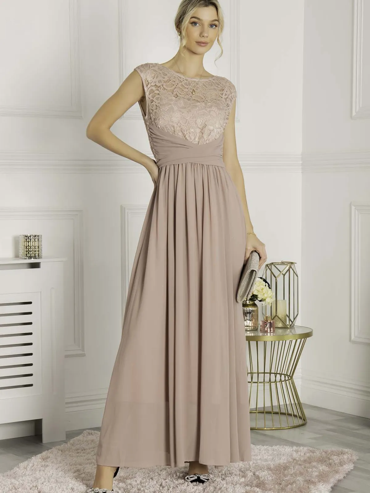 Jolie Moi Occasion Dresses|Sleeveless Dresses-Lace Bodice Chiffon Maxi Bridesmaid Dress, Mauve
