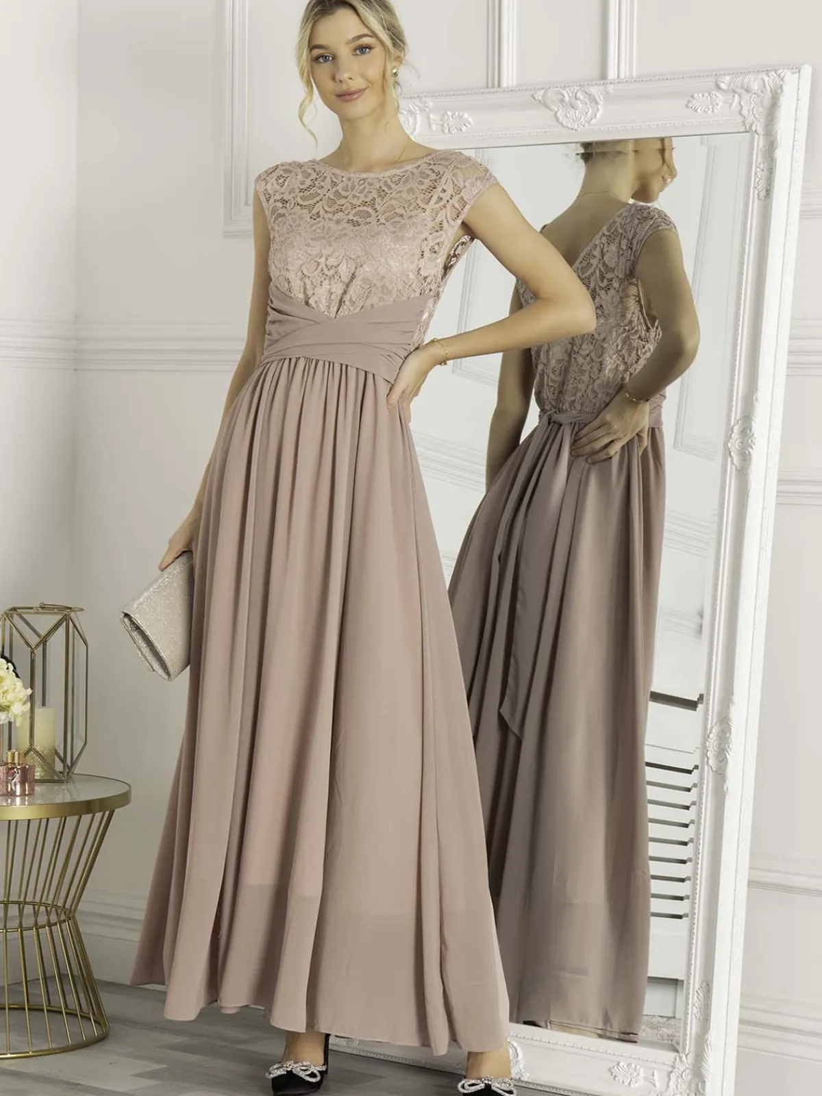 Jolie Moi Occasion Dresses|Sleeveless Dresses-Lace Bodice Chiffon Maxi Bridesmaid Dress, Mauve