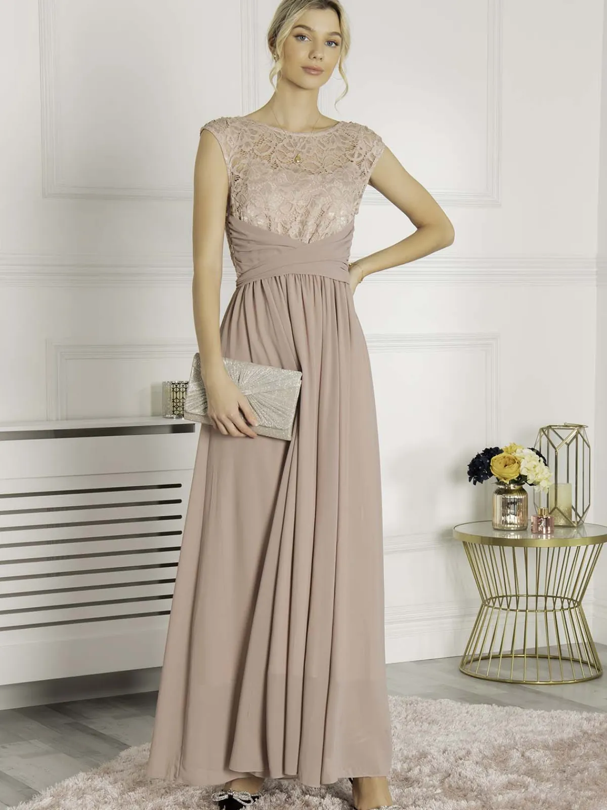Jolie Moi Occasion Dresses|Sleeveless Dresses-Lace Bodice Chiffon Maxi Bridesmaid Dress, Mauve