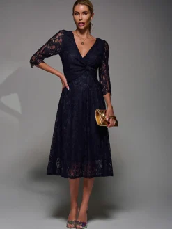 Jolie Moi Occasion Dresses|Signature Lace-Lace Detail Long Sleeve Midi Dress, Navy