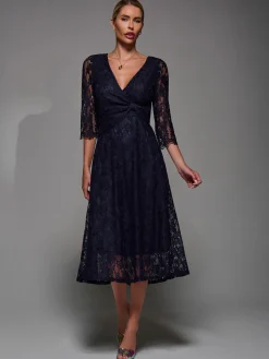 Jolie Moi Occasion Dresses|Signature Lace-Lace Detail Long Sleeve Midi Dress, Navy