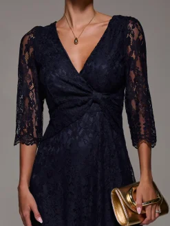 Jolie Moi Occasion Dresses|Signature Lace-Lace Detail Long Sleeve Midi Dress, Navy