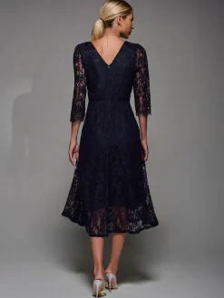 Jolie Moi Occasion Dresses|Signature Lace-Lace Detail Long Sleeve Midi Dress, Navy