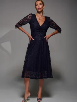 Jolie Moi Occasion Dresses|Signature Lace-Lace Detail Long Sleeve Midi Dress, Navy