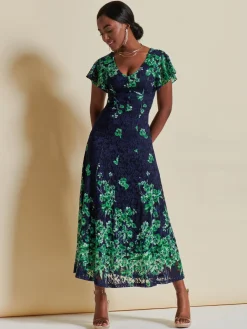 Jolie Moi Occasion Dresses|Signature Lace-Lace Floral Print Fit & Flare Maxi Dress, Green Floral