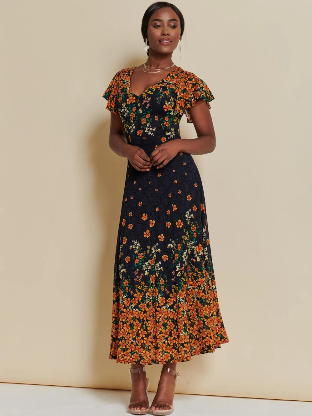 Jolie Moi Occasion Dresses|Signature Lace-Lace Floral Print Fit & Flare Maxi Dress, Orange Multi