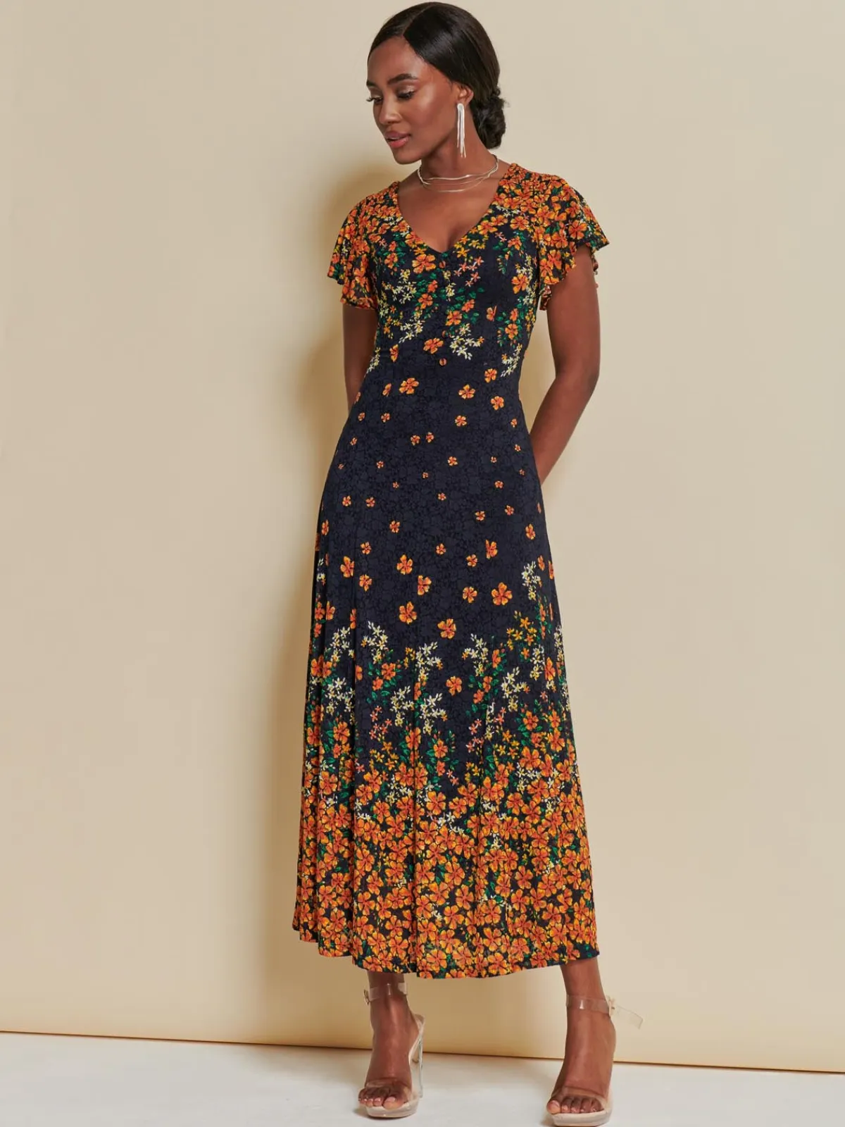 Jolie Moi Occasion Dresses|Signature Lace-Lace Floral Print Fit & Flare Maxi Dress, Orange Multi