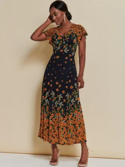 Jolie Moi Occasion Dresses|Signature Lace-Lace Floral Print Fit & Flare Maxi Dress, Orange Multi