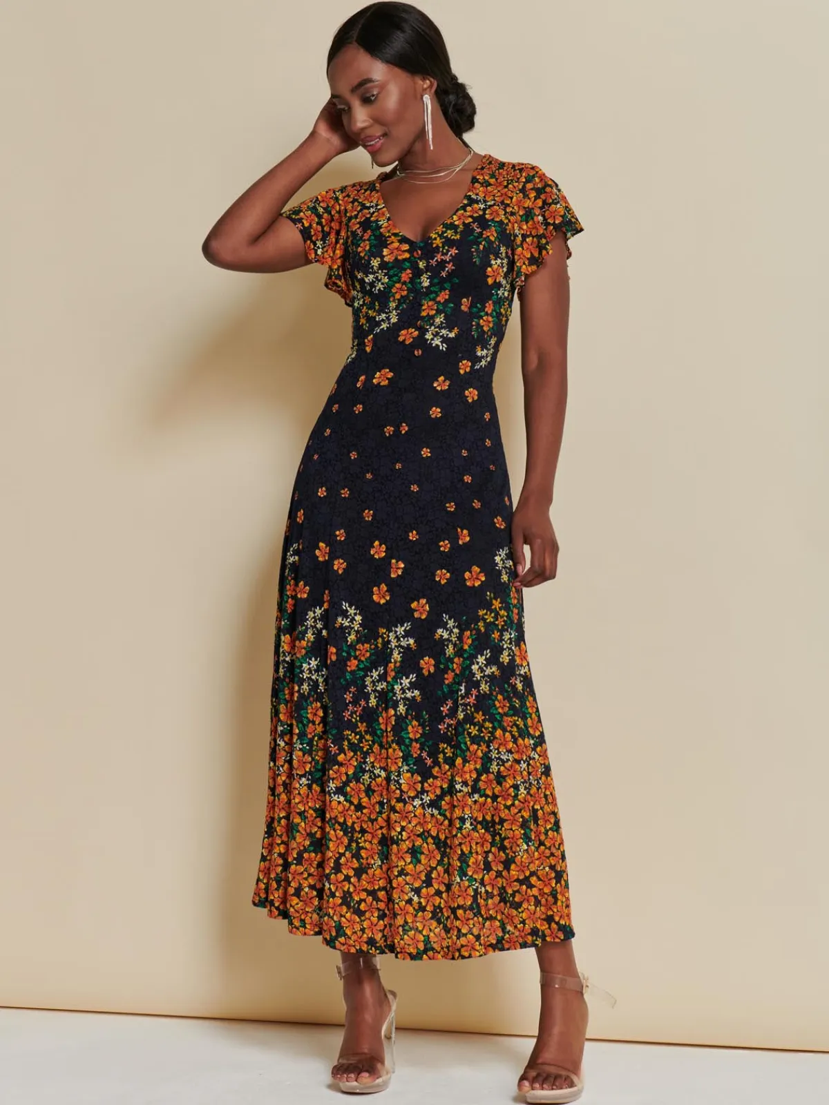 Jolie Moi Occasion Dresses|Signature Lace-Lace Floral Print Fit & Flare Maxi Dress, Orange Multi