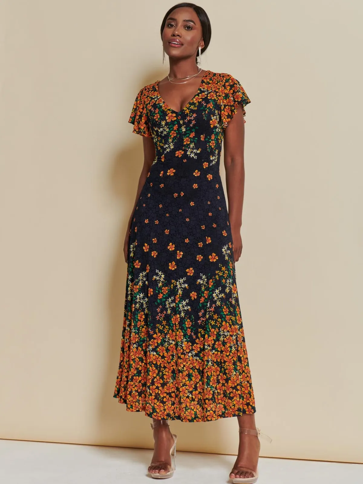 Jolie Moi Occasion Dresses|Signature Lace-Lace Floral Print Fit & Flare Maxi Dress, Orange Multi