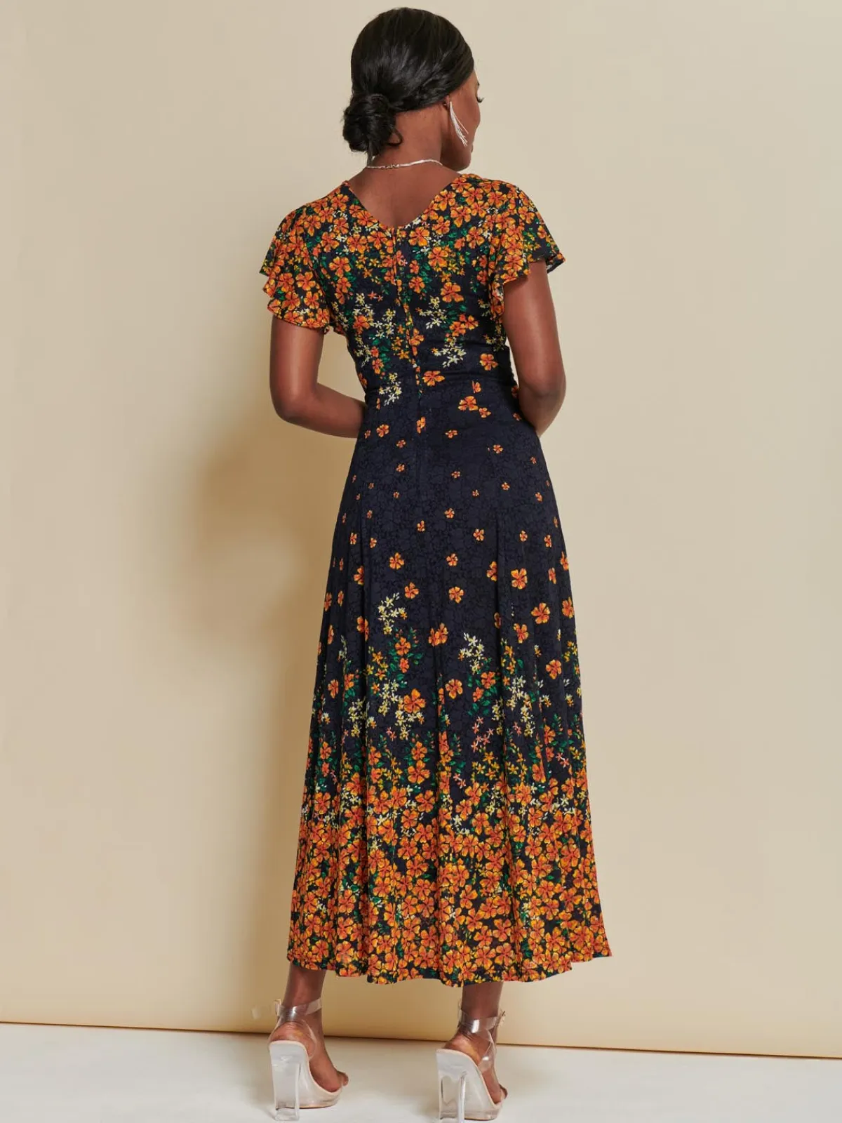 Jolie Moi Occasion Dresses|Signature Lace-Lace Floral Print Fit & Flare Maxi Dress, Orange Multi