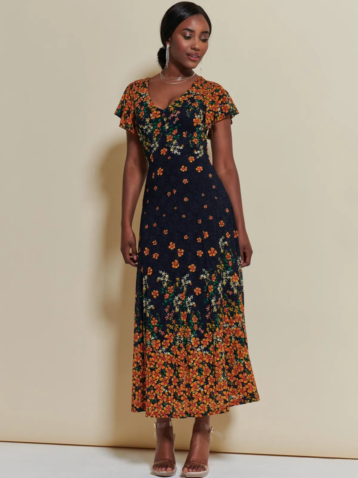 Jolie Moi Occasion Dresses|Signature Lace-Lace Floral Print Fit & Flare Maxi Dress, Orange Multi