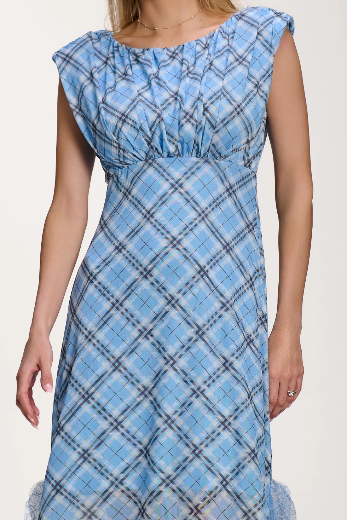 Jolie Moi Occasion Dresses|Mesh Dresses-Lace Insert Mesh Maxi Dress, Blue Check