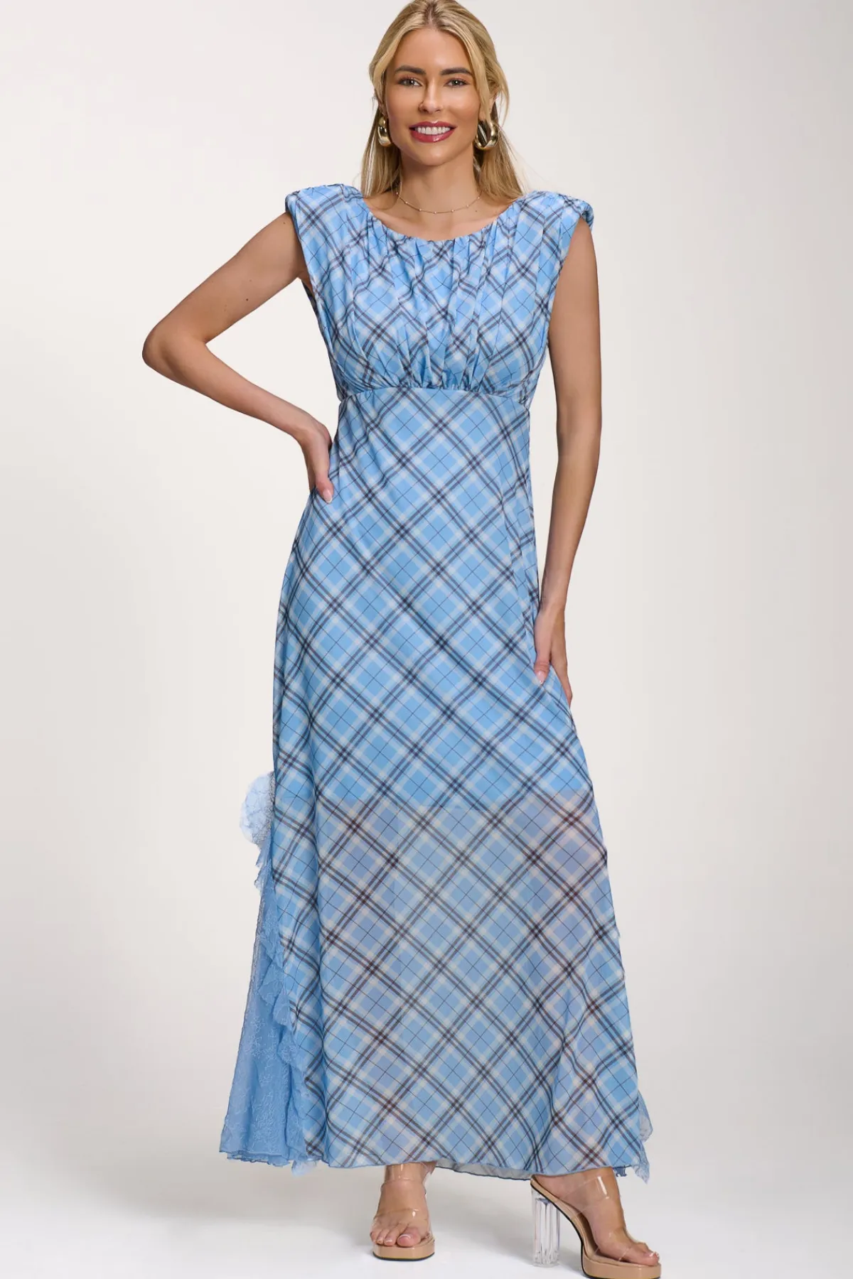 Jolie Moi Occasion Dresses|Mesh Dresses-Lace Insert Mesh Maxi Dress, Blue Check