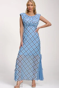 Jolie Moi Occasion Dresses|Mesh Dresses-Lace Insert Mesh Maxi Dress, Blue Check
