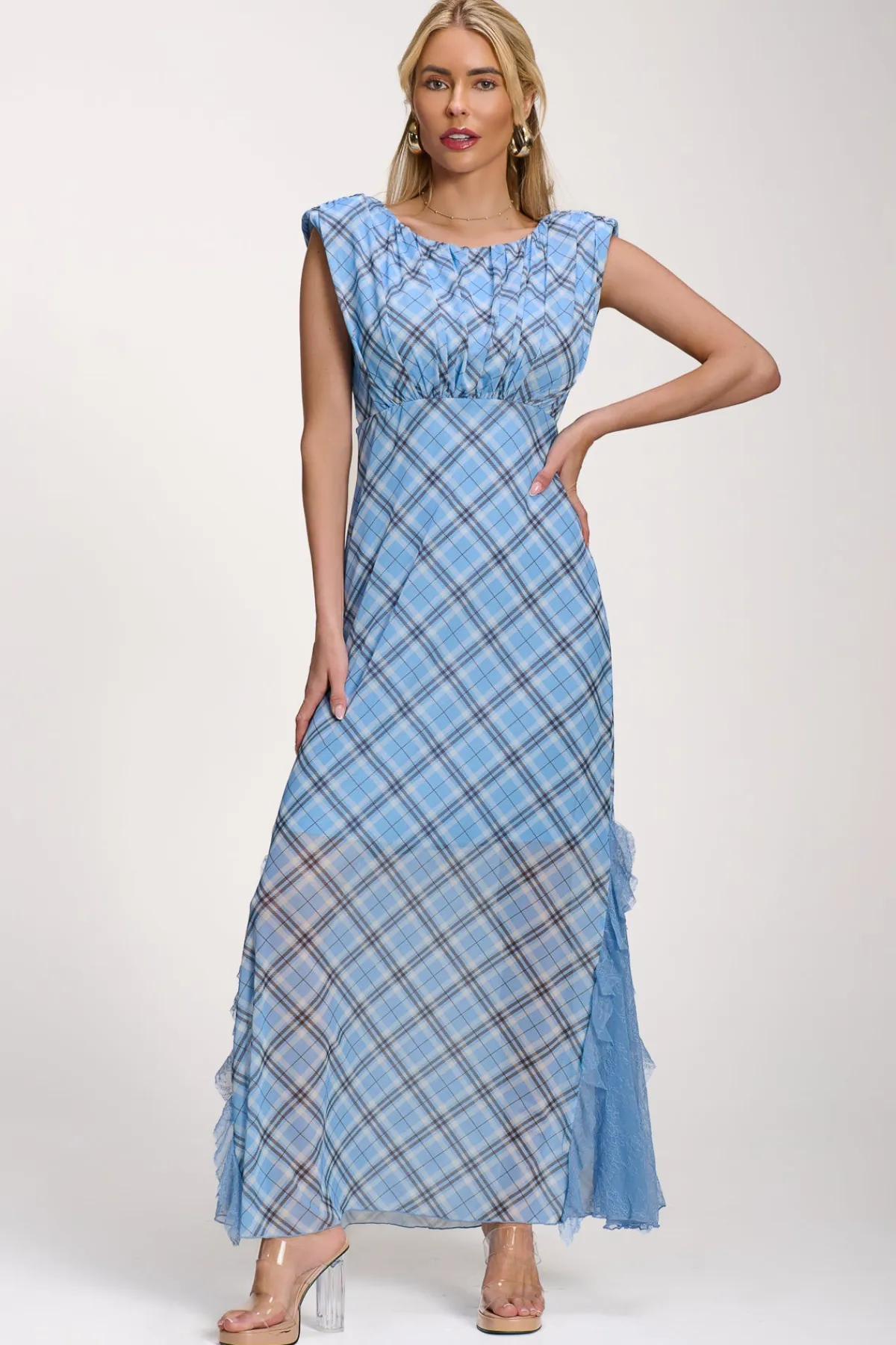 Jolie Moi Occasion Dresses|Mesh Dresses-Lace Insert Mesh Maxi Dress, Blue Check