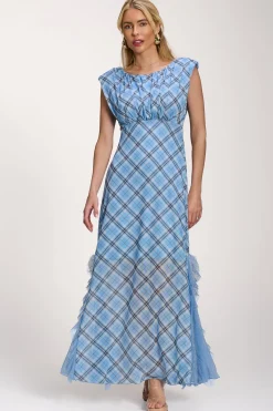 Jolie Moi Occasion Dresses|Mesh Dresses-Lace Insert Mesh Maxi Dress, Blue Check