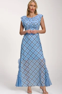 Jolie Moi Occasion Dresses|Mesh Dresses-Lace Insert Mesh Maxi Dress, Blue Check
