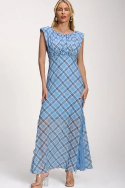 Jolie Moi Occasion Dresses|Mesh Dresses-Lace Insert Mesh Maxi Dress, Blue Check
