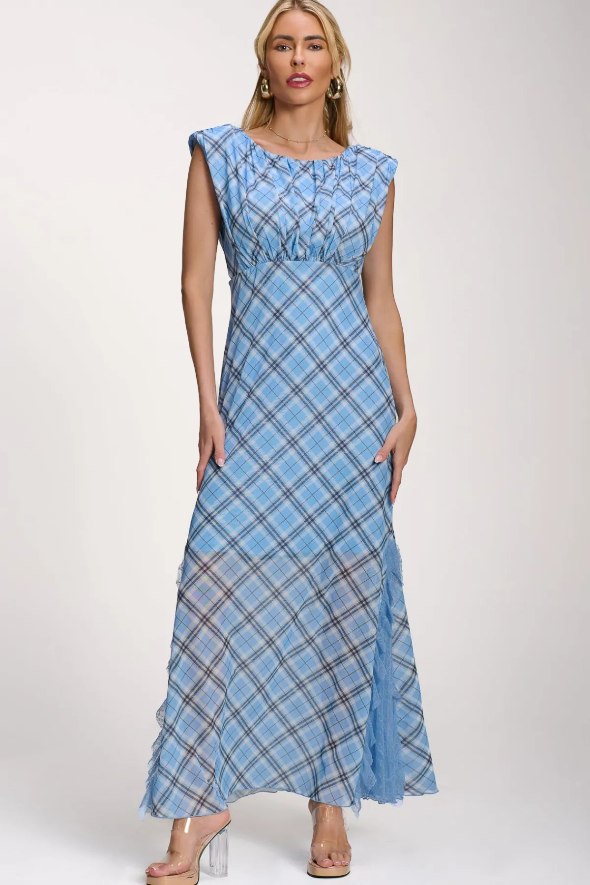 Jolie Moi Occasion Dresses|Mesh Dresses-Lace Insert Mesh Maxi Dress, Blue Check