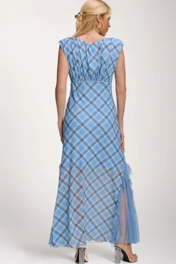 Jolie Moi Occasion Dresses|Mesh Dresses-Lace Insert Mesh Maxi Dress, Blue Check