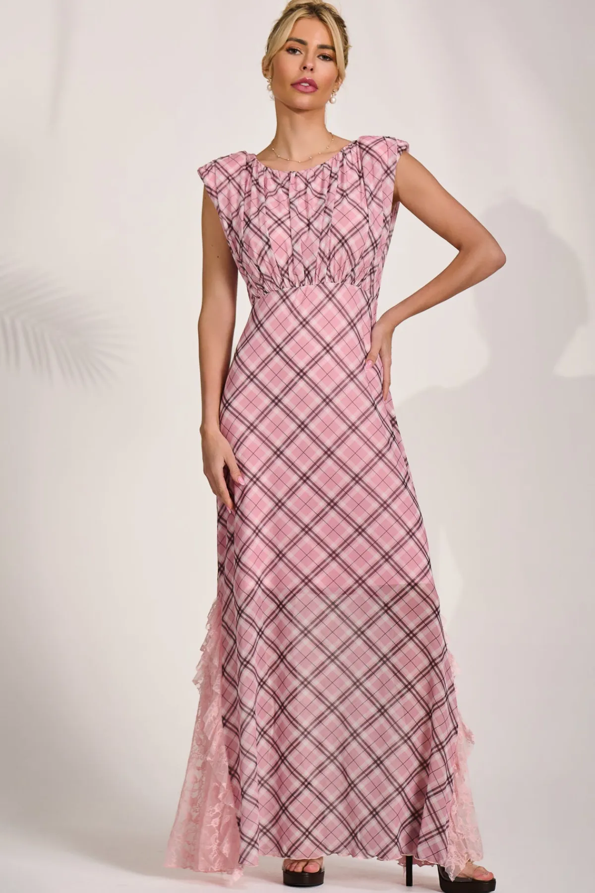 Jolie Moi Occasion Dresses|Mesh Dresses-Lace Insert Mesh Maxi Dress, Pink Check
