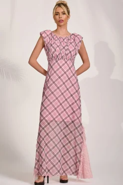 Jolie Moi Occasion Dresses|Mesh Dresses-Lace Insert Mesh Maxi Dress, Pink Check