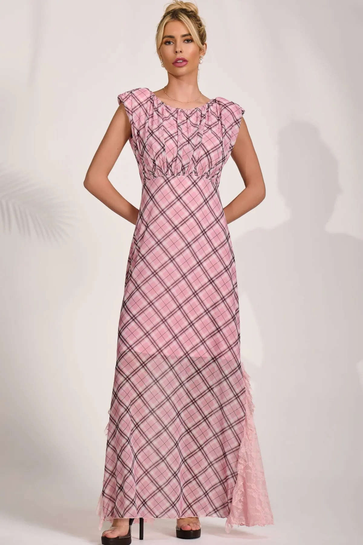 Jolie Moi Occasion Dresses|Mesh Dresses-Lace Insert Mesh Maxi Dress, Pink Check