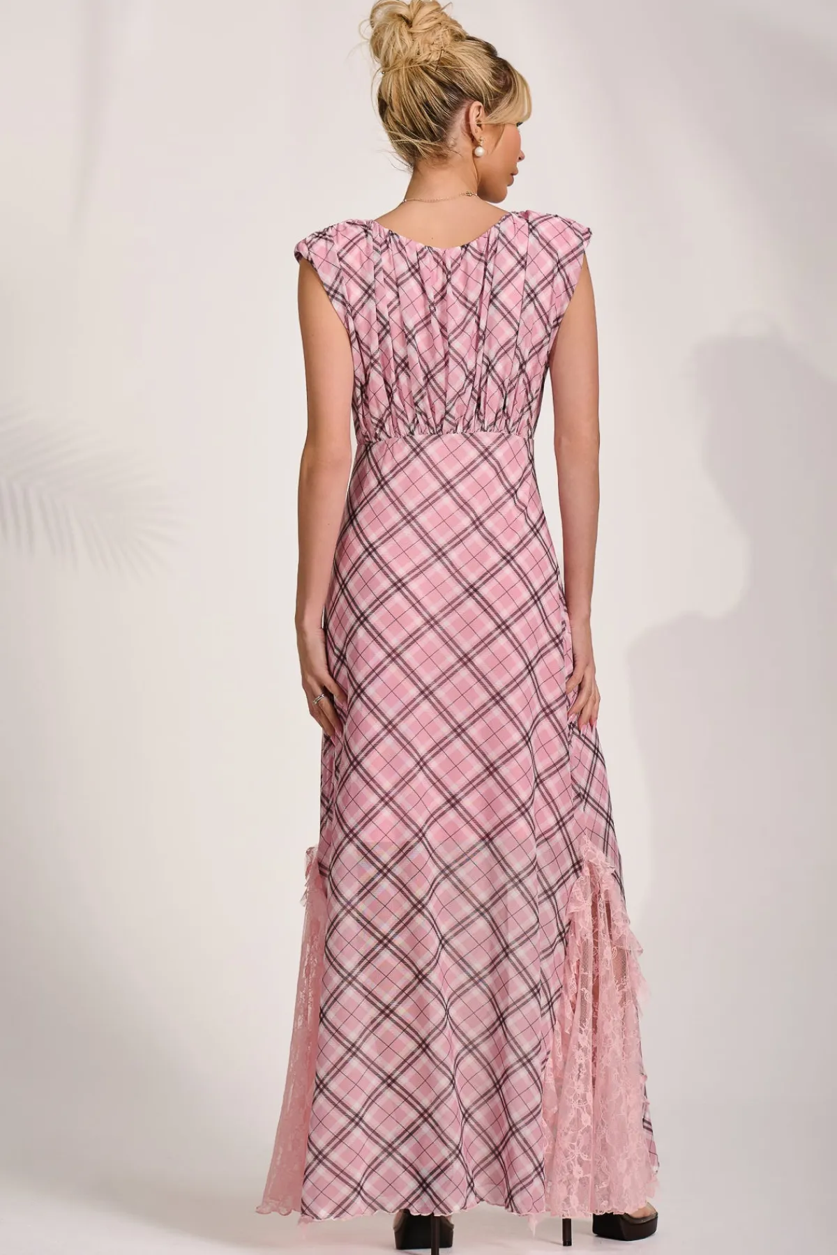 Jolie Moi Occasion Dresses|Mesh Dresses-Lace Insert Mesh Maxi Dress, Pink Check