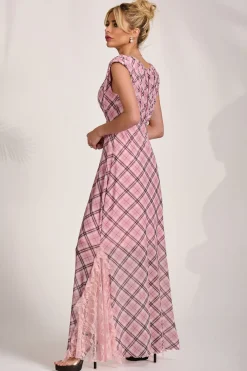 Jolie Moi Occasion Dresses|Mesh Dresses-Lace Insert Mesh Maxi Dress, Pink Check