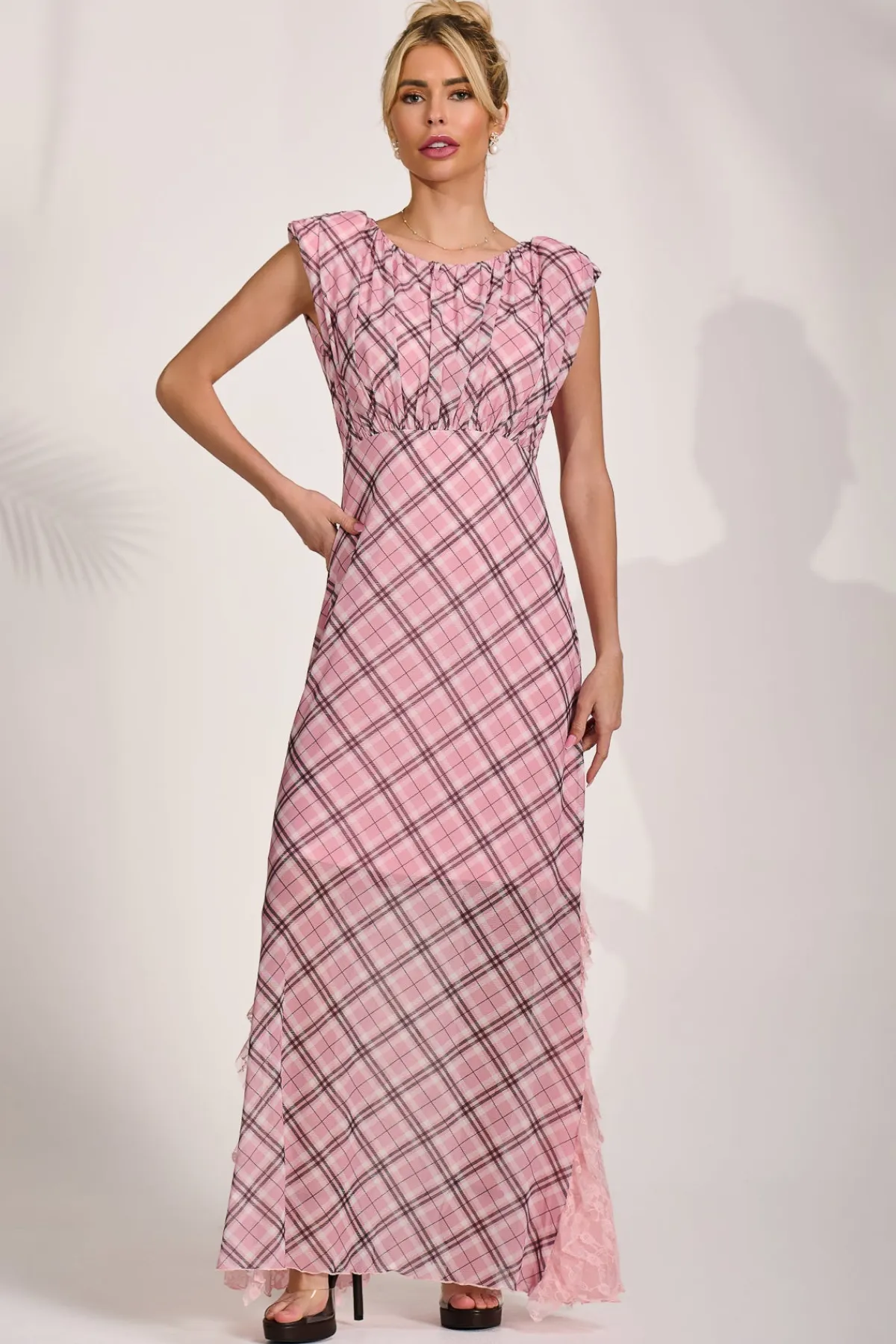 Jolie Moi Occasion Dresses|Mesh Dresses-Lace Insert Mesh Maxi Dress, Pink Check