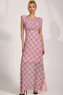 Jolie Moi Occasion Dresses|Mesh Dresses-Lace Insert Mesh Maxi Dress, Pink Check