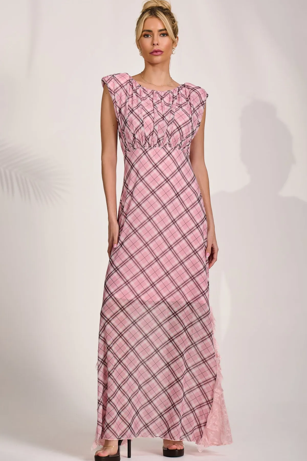 Jolie Moi Occasion Dresses|Mesh Dresses-Lace Insert Mesh Maxi Dress, Pink Check