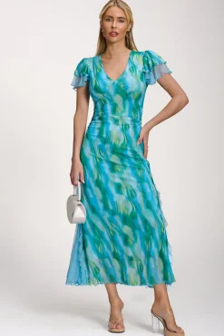 Jolie Moi Race Day Dresses|Mesh Dresses-Lace Insert Mesh Midi Dress, Blue Abstract