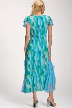 Jolie Moi Race Day Dresses|Mesh Dresses-Lace Insert Mesh Midi Dress, Blue Abstract