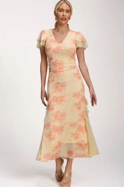 Jolie Moi Occasion Dresses|Mesh Dresses-Lace Insert Mesh Midi Dress, Orange Abstract